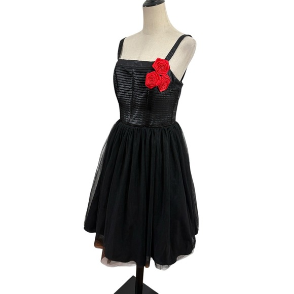 Unique Vintage Black Tulle Cocktail Dress Sz L Red Rose Rockabilly Retro Party - Picture 4 of 7